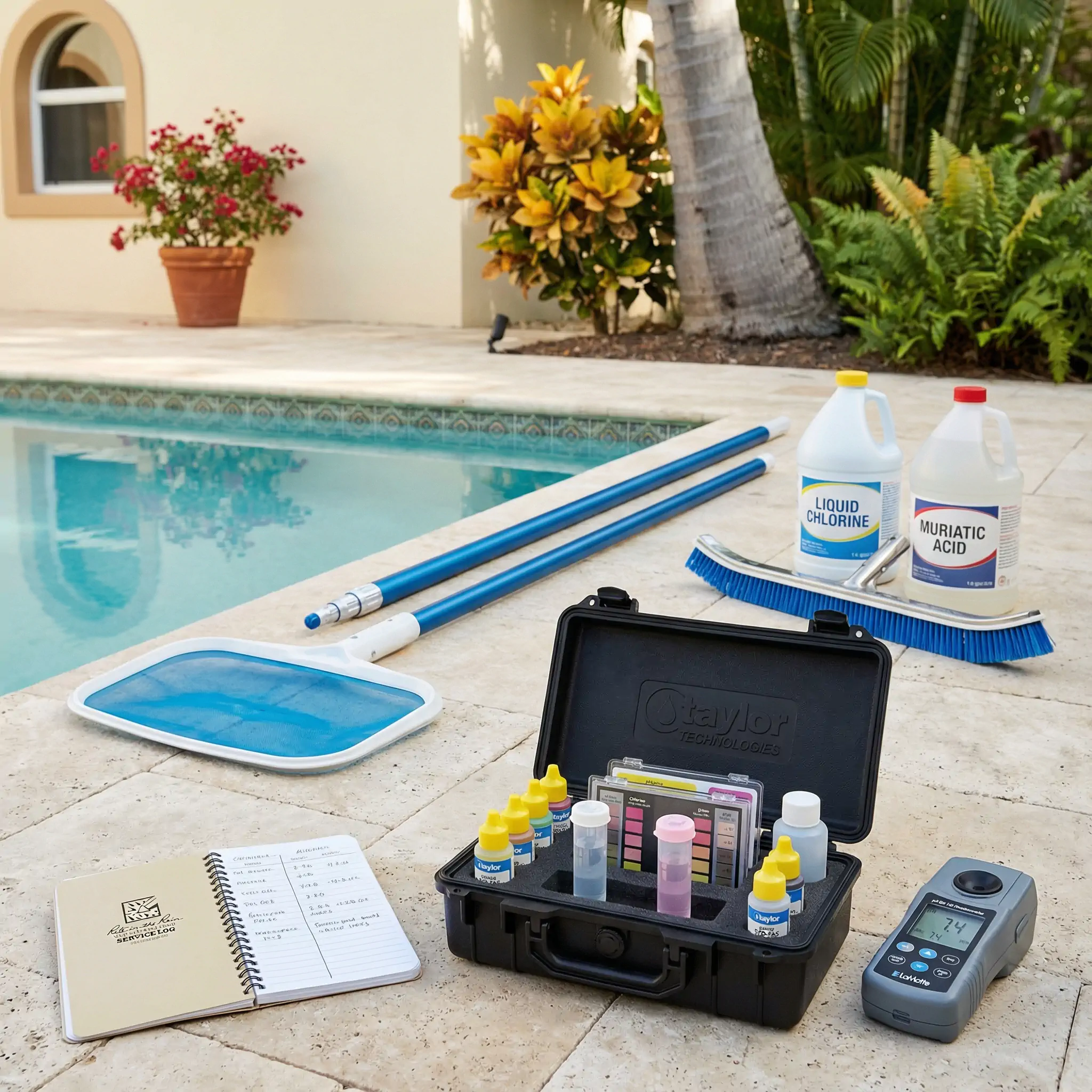 Professional pool maintenance equipment and water testing supplies used by Pristine Pools Puerto Rico in Palmas del Mar
