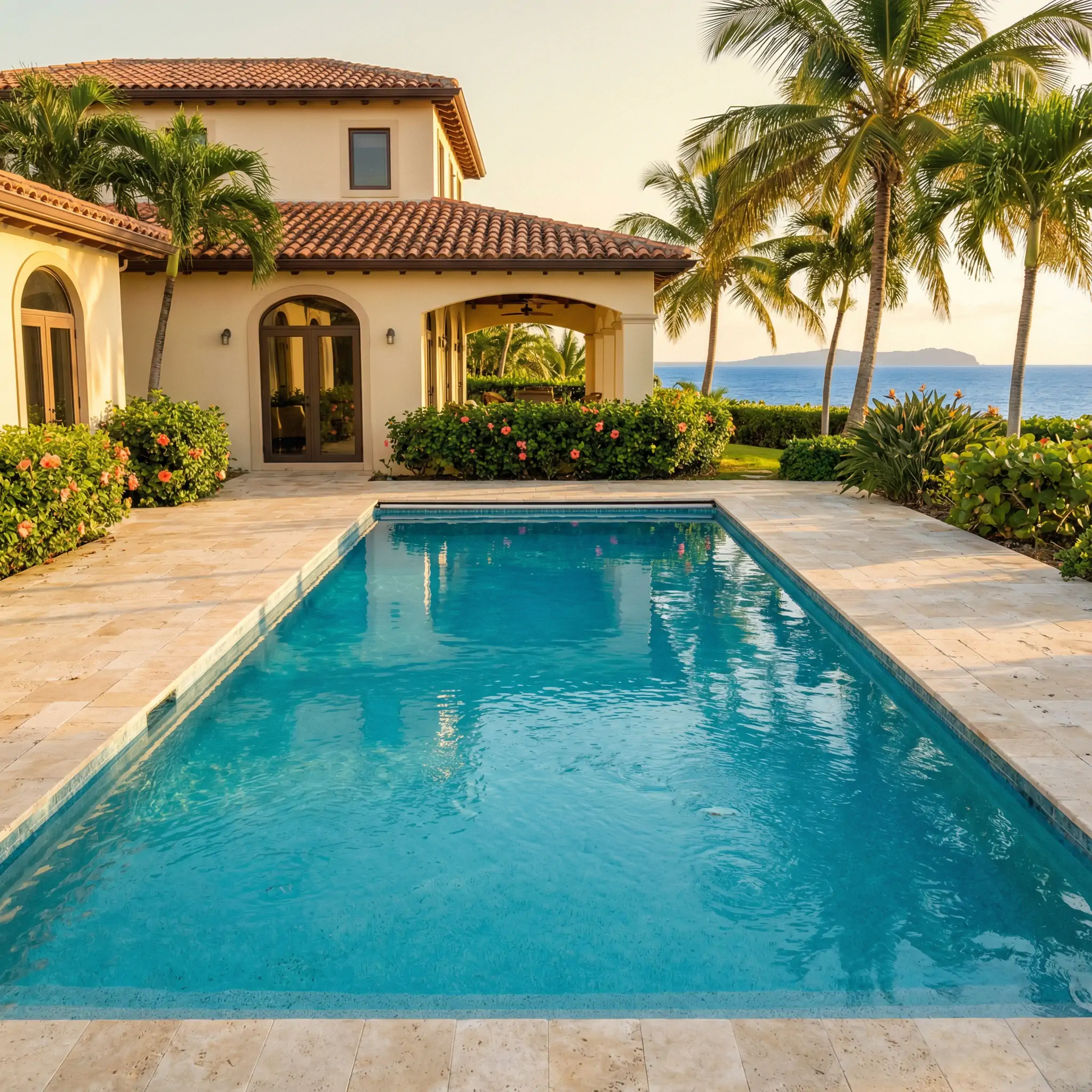 Crystal-clear swimming pool at a luxury residence in Palmas del Mar, Puerto Rico - Professional pool maintenance by Pristine Pools PR